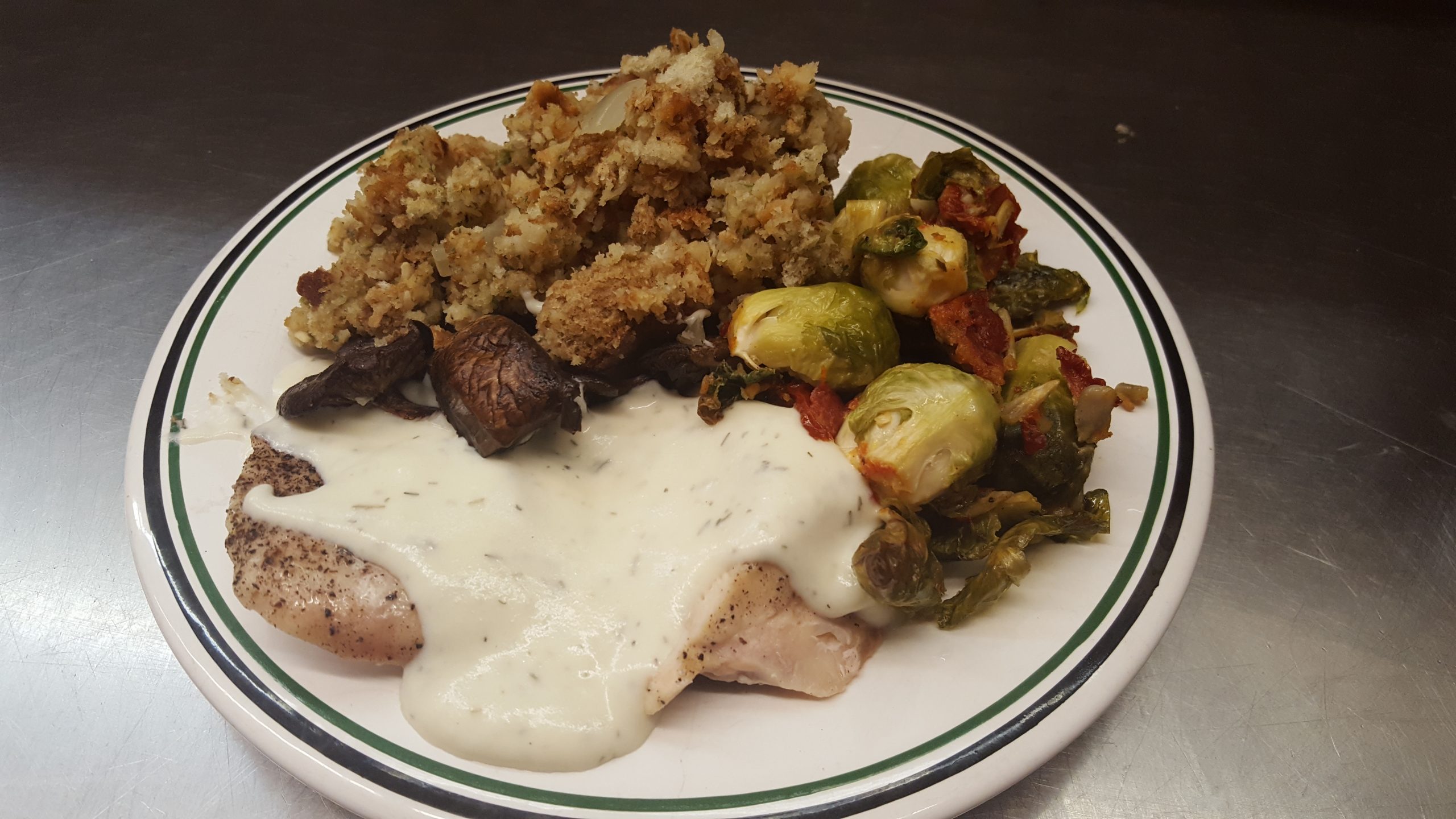 Grilled Chicken with Havarti Dill Cream Sauce, Roasted Brussel Sprouts and Stuffing