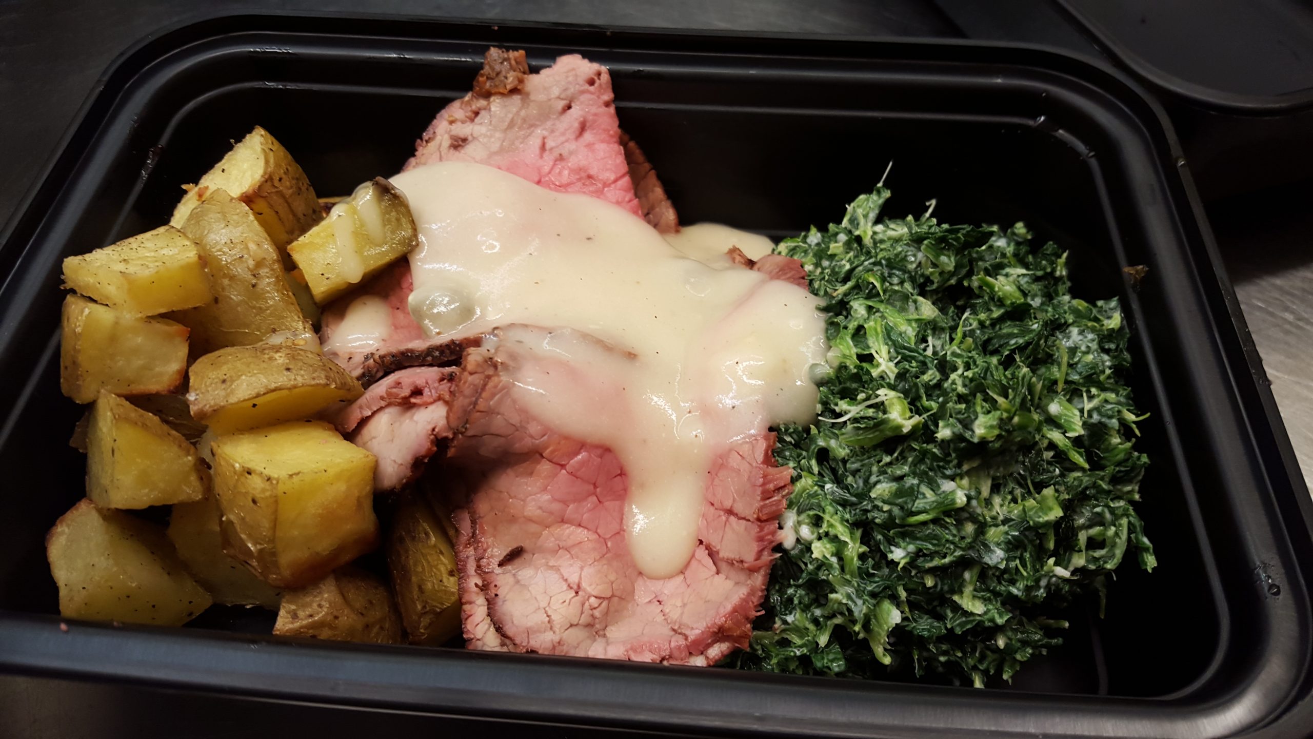 Roast Beef With Dijon Sauce, Creamed Spinach and Roasted Potatoes